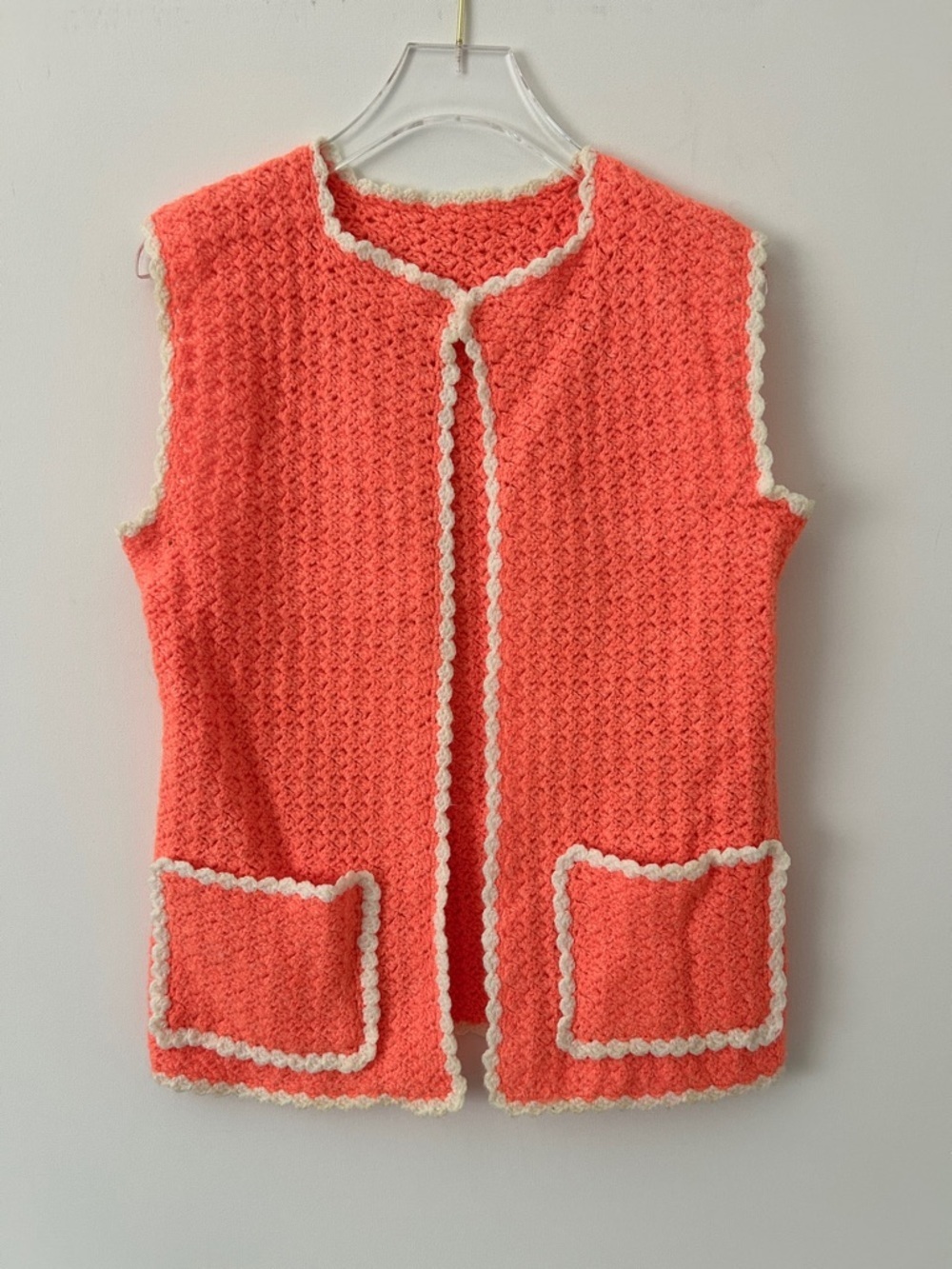 Vintage 70's Hand Knit Vest Cottagecore Sweater Coral Orange Festival Size Small